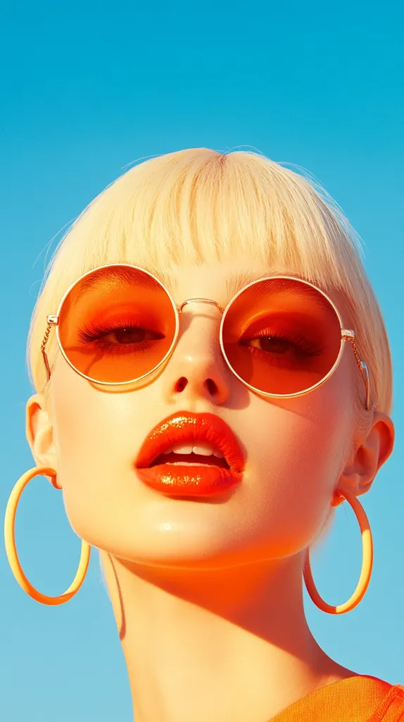 Close-up of a blonde woman with a short, blunt fringe, wearing large, round orange sunglasses and large, pale orange hoop earrings.  Her lips are painted a vibrant orange-red. The backdrop is a clear, bright blue sky, suggesting a sunny, summery atmosphere. The overall image is highly saturated and stylized.