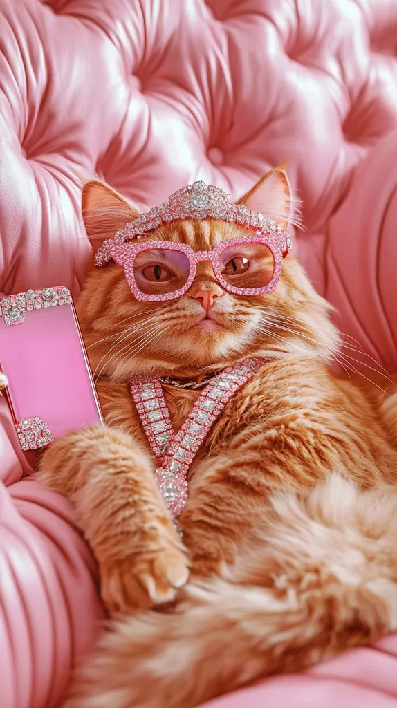 A fluffy ginger cat lounges on a pink velvet chaise lounge, adorned in luxurious pink accessories.  It sports a sparkly tiara, diamond-encrusted glasses, and a dazzling necklace.  A pink, jeweled phone rests beside it, completing the pampered, glamorous look. The cat exudes an air of regal sophistication.