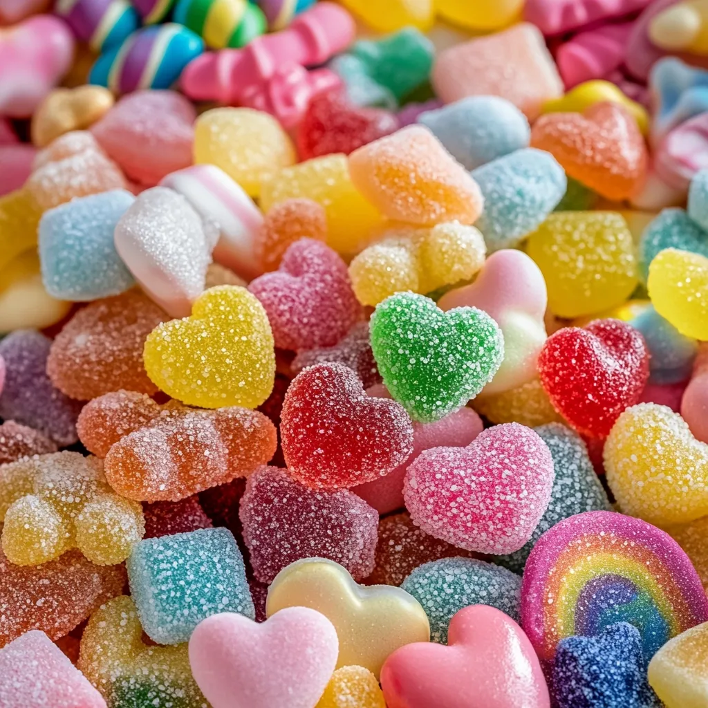 A vibrant close-up reveals a delightful assortment of colorful gummy candies.  Heart shapes, bears, rainbows, and squares are scattered amongst each other, all glistening with a sugary coating.  The bright hues and varied shapes create a visually appealing texture, showcasing a wide array of sweet treats.