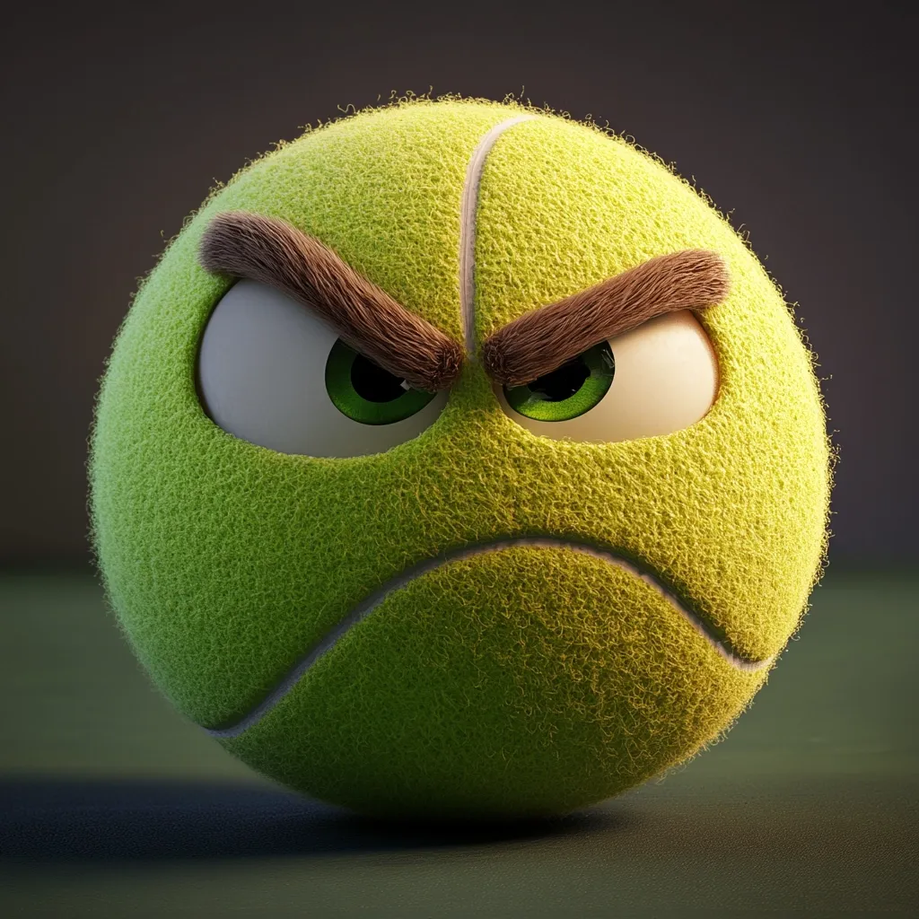 A 3D rendered image depicts a tennis ball with an anthropomorphic face.  The ball has furrowed brows, narrowed green eyes, and a downturned mouth, conveying a distinctly angry or frustrated expression. The texture of the tennis ball is realistically portrayed, contrasting with the cartoonish facial features. The dark background highlights the ball, emphasizing its grumpy expression.
