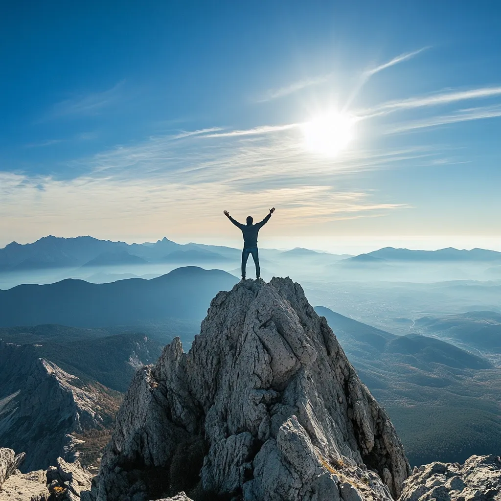 A lone figure stands atop a mountain peak, arms outstretched in triumph.  The sun shines brightly in a clear blue sky above a vast, hazy mountain range stretching to the horizon. The climber has reached the summit, enjoying a breathtaking panoramic view.  The scene evokes feelings of accomplishment and freedom.