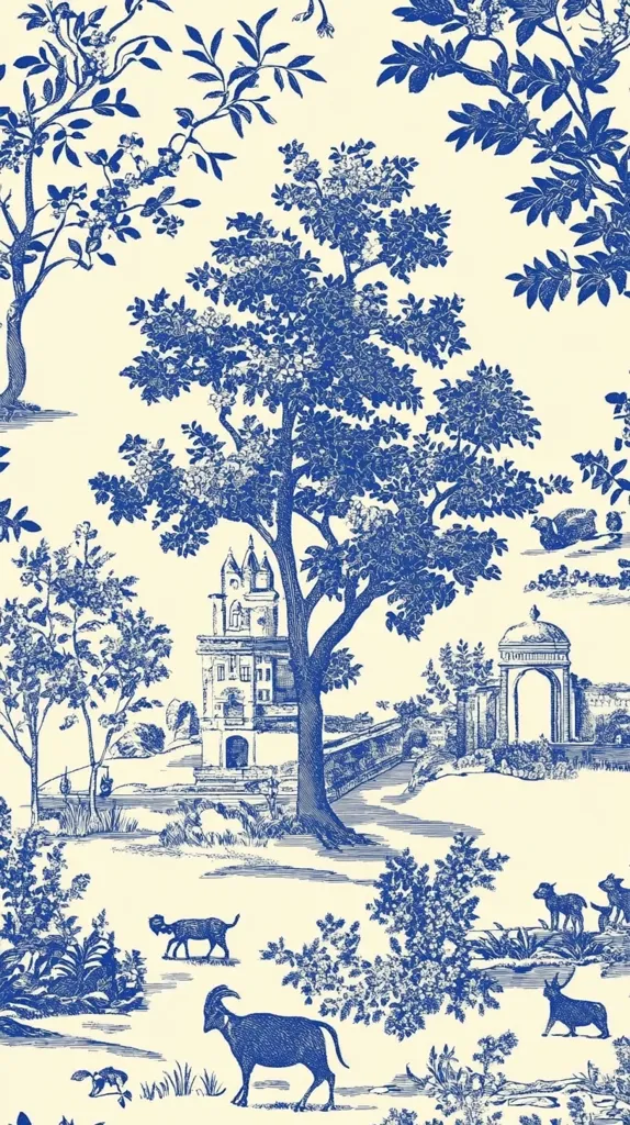 A toile-style print features a pastoral scene in shades of blue on a cream background.  The design includes trees, a small chateau, an archway, and goats grazing peacefully.  The style is reminiscent of 18th-century French country scenes, with delicate linework and a romantic ambiance.  The repeating pattern is suitable for fabric, wallpaper, or other decorative applications.