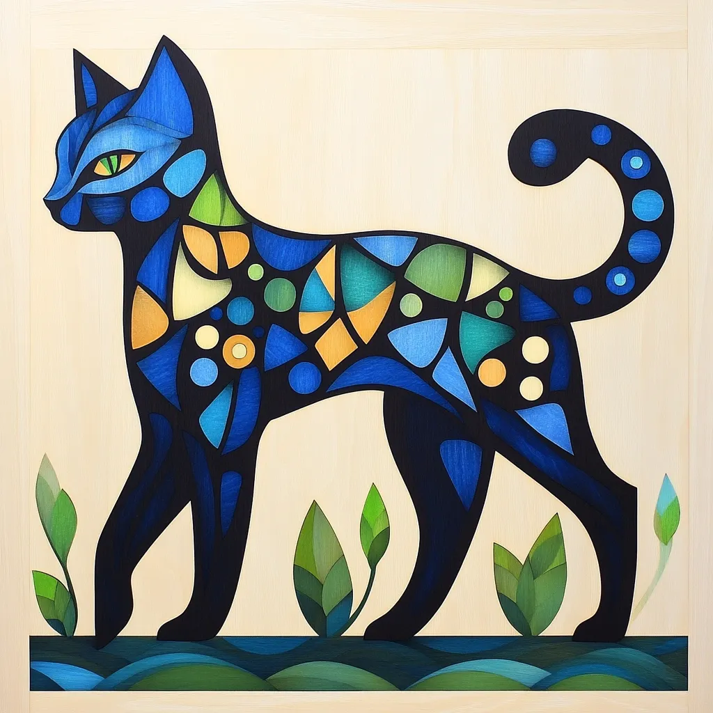 A stylized artwork depicts a blue cat in profile view, its body composed of geometric shapes in shades of blue, green, and yellow. The cat stands on a simplified landscape with stylized green leaves and a wavy base, suggesting water or grass. The cat's form is bold and graphic, reminiscent of stained glass or mosaic art. The background is a light beige wood tone.