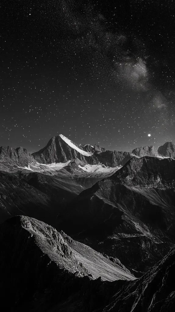 A breathtaking monochrome landscape photograph captures a majestic mountain range under a breathtaking night sky.  The Milky Way stretches across the dark expanse, its stars contrasting sharply with the rugged, snow-capped peaks.  The foreground showcases a closer mountain, its texture and shadows accentuated by the starlight.  The scene evokes a sense of awe and solitude in the face of nature's grandeur.