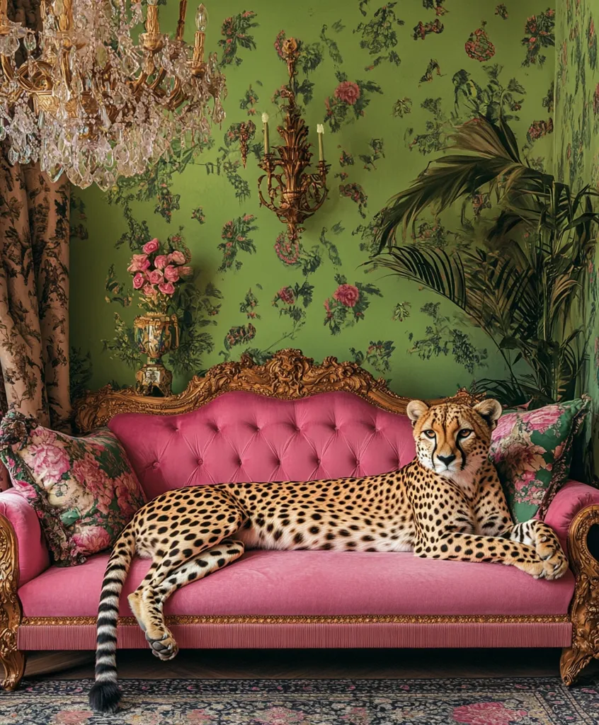 A cheetah lounges elegantly on a pink velvet chaise lounge in a luxuriously decorated room. The room features ornate gold furniture, a vibrant green floral wallpaper, a crystal chandelier, and lush tropical plants.  The overall aesthetic is opulent and juxtaposes the wild animal with a refined, almost rococo interior.