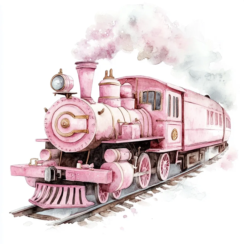 A watercolor painting depicts a charming pink steam train chugging along the tracks.  The locomotive is detailed, showing its vintage design and puffing steam.  The pink hue adds a whimsical touch, creating a delightful image perfect for children's books or decorative prints. The train's carriage extends behind the engine, adding to its length.  The overall style is delicate and romantic.