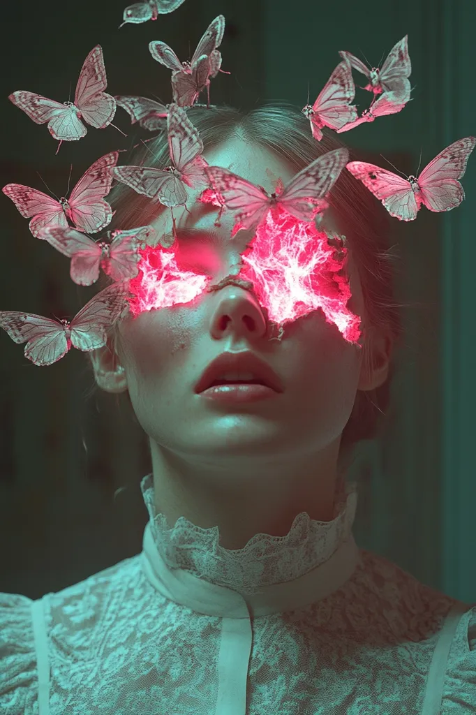 A woman's face is surrounded by numerous butterflies.  Her eyes are replaced with glowing, pink, fractal patterns, creating a surreal and ethereal effect. She wears a delicate, light-colored lace blouse. The overall image is dark and moody, suggesting a mystical or dreamlike quality. The contrast between the delicate butterflies and the intense, glowing eyes is striking.