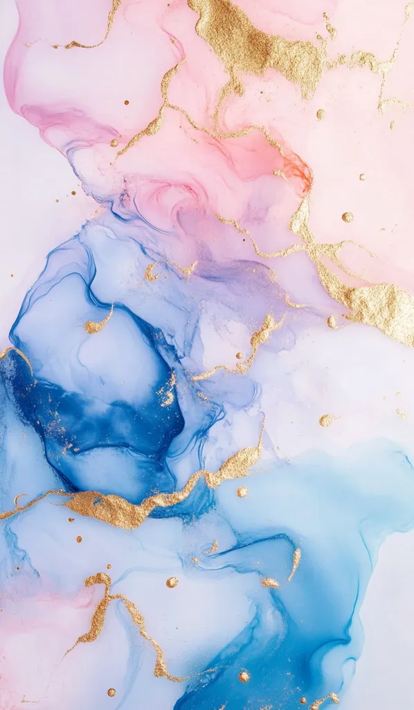 An abstract artwork featuring a mesmerizing blend of pastel pink, light blue, and deep blue hues.  Swirling patterns create a fluid, ethereal effect, accented by delicate flecks and streaks of gold. The colors transition seamlessly, creating a sense of depth and movement within the artwork's fluid forms.  The overall aesthetic is dreamy and elegant.