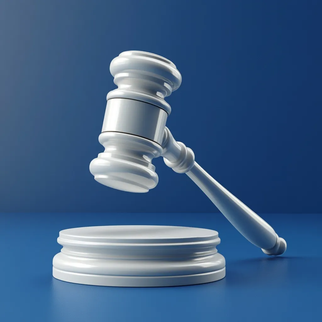 A white gavel rests on a white platform against a blue background.  The gavel is poised, suggesting a moment before or after a decision. The clean, minimalist aesthetic emphasizes the symbolism of justice and authority. The image is digitally rendered, showcasing a smooth, glossy finish on both the gavel and the platform. The overall effect is one of modern, clean legal imagery.