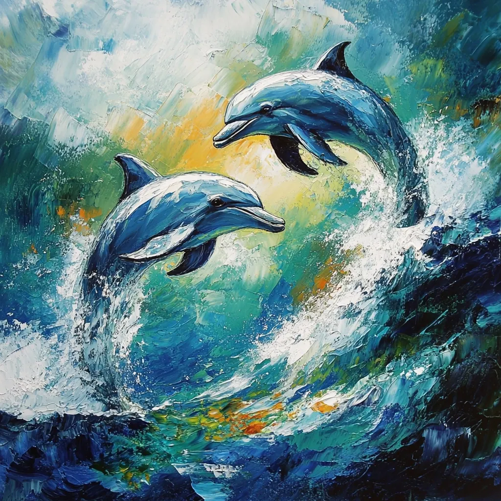 A vibrant oil painting depicts two dolphins leaping playfully from turquoise ocean waves.  The dolphins are rendered with impasto brushstrokes, showcasing their sleek bodies and dynamic movement.  The surrounding water is depicted with a textured, expressive style, capturing the energy and fluidity of the ocean.  Warm hues of yellow and orange contrast with the cool blues and greens, creating a lively and captivating scene.
