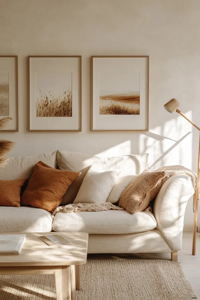 A sunlit living room features a beige linen sofa adorned with burnt orange and beige textured throw pillows.  Three framed nature-inspired prints in muted earth tones hang above. A light wooden coffee table sits in front, and a jute rug anchors the space. A floor lamp adds to the relaxed, minimalist aesthetic.  The overall color palette is warm and neutral.