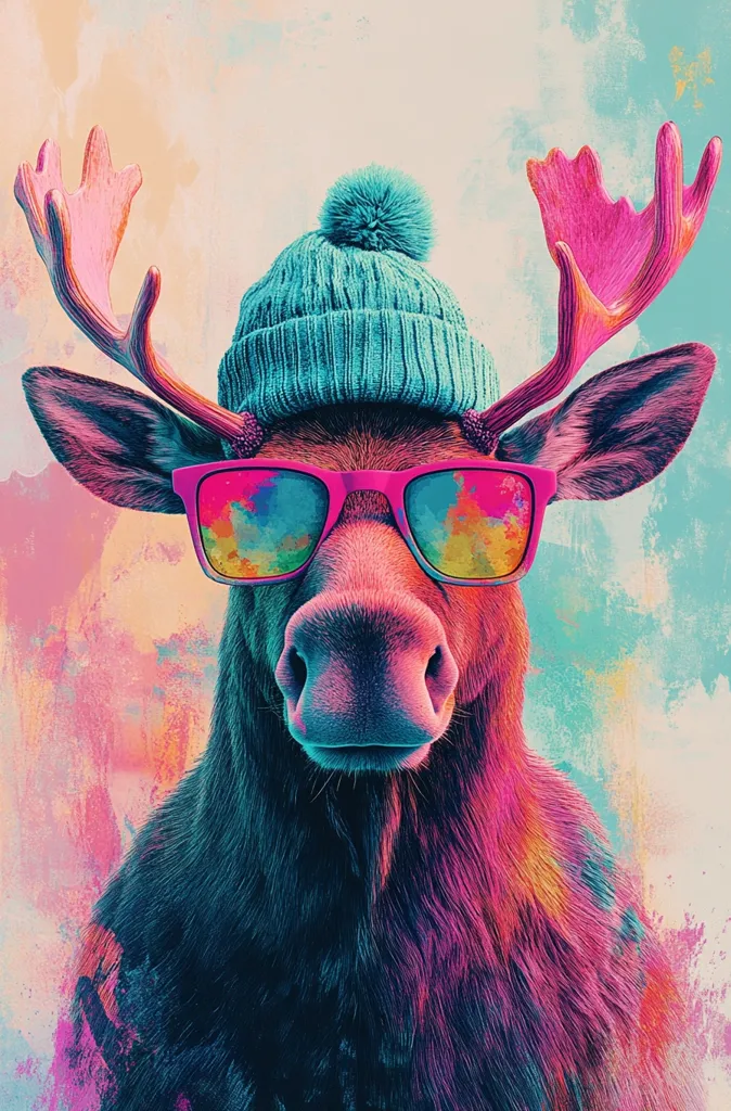 A stylized moose portrait is shown against a vibrant, multicolored background.  The moose wears a teal knit beanie and bright pink sunglasses with colorful reflections. Its antlers are a bold pink, contrasting with its dark, vibrantly hued fur. The overall style is bold, playful, and slightly surreal.