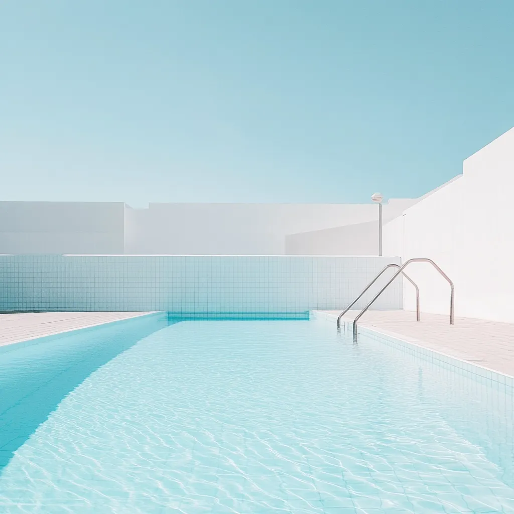 A minimalist swimming pool scene.  A long, light blue pool is surrounded by white walls and pale blue tiled decking.  A simple metal ladder provides access to the water. The sky is a clear, pale blue, creating a serene and tranquil atmosphere.  The overall aesthetic is clean, modern, and calming.