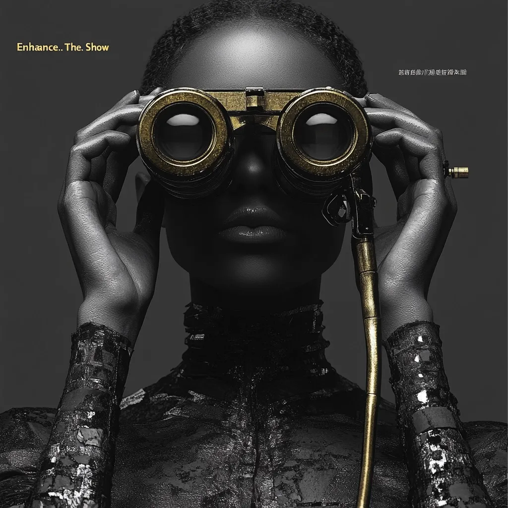 A black and white close-up portrays a dark-skinned woman wearing ornate, gold-rimmed goggles.  Her hands delicately hold the goggles against her face, emphasizing the steampunk aesthetic.  The woman is dressed in a textured, dark garment, enhancing the dramatic, mysterious mood. The text "Enhance. The. Show" is visible in the upper left corner.