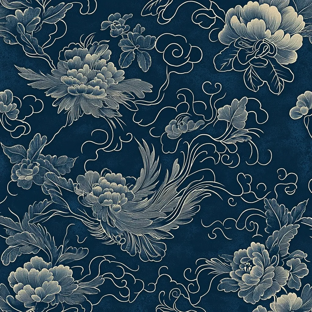 A deep blue textile features a repeating pattern of stylized cream-colored peonies and phoenixes.  The design incorporates swirling clouds and intricate floral motifs, reminiscent of traditional Asian art.  The pale flowers and birds contrast elegantly against the dark background, creating a sophisticated and timeless aesthetic.  The texture suggests a slightly distressed or aged effect.