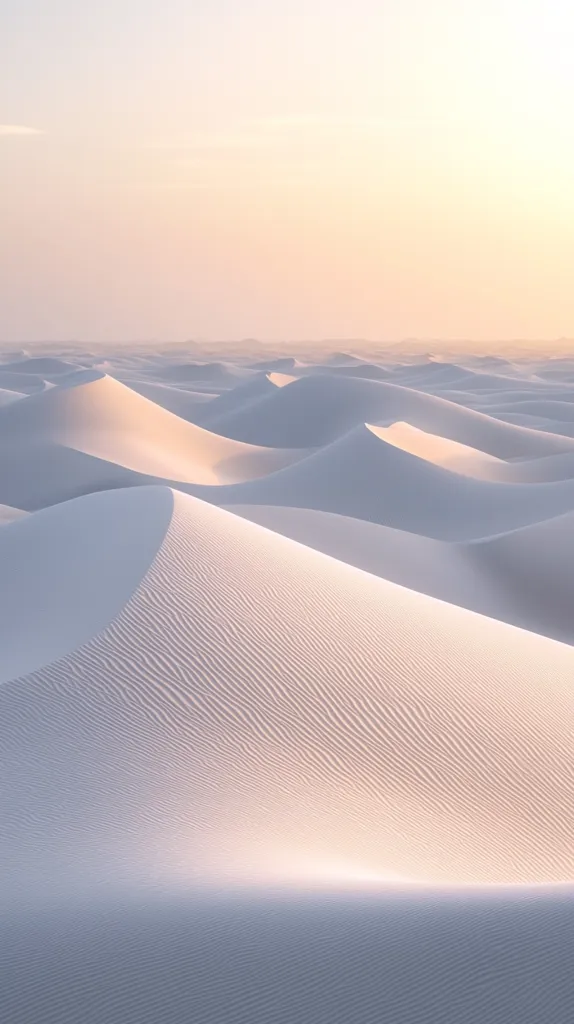 A breathtaking panoramic view of a vast, white sand desert landscape under a soft, pastel sky.  The undulating dunes stretch to the horizon, their smooth surfaces subtly textured by the wind.  The warm light of either dawn or dusk casts a gentle glow across the scene, creating a serene and ethereal atmosphere.  The image evokes a sense of peace and tranquility in the vastness of nature.