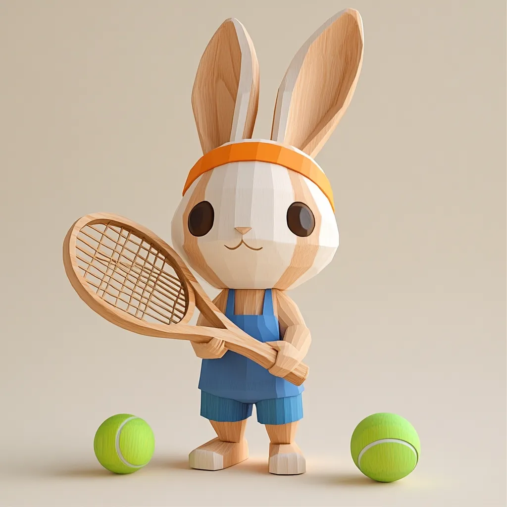A charming, polygonal rabbit, crafted from light wood and painted white, stands poised with a wooden tennis racket.  It's dressed in a blue jumpsuit and wears an orange headband. Two tennis balls sit beside the rabbit, completing the adorable sports scene.  The overall style is minimalist and playful.