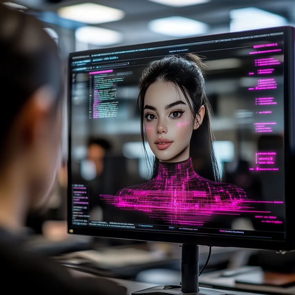 A computer screen displays a digital rendering of a young woman's face, overlaid with pink, circuit-like patterns.  The image is viewed from behind a person, partially obscuring the screen's edges.  Code lines are visible on the screen, suggesting a digital creation or AI development process. The overall aesthetic is futuristic and technologically advanced.