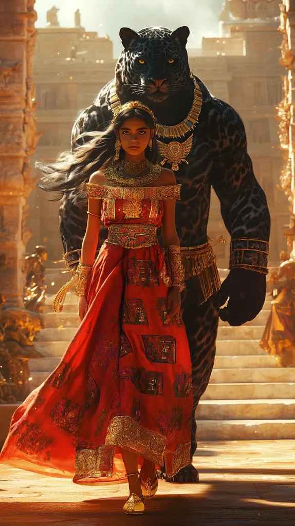 A young woman in a flowing red and gold gown walks alongside a large, anthropomorphic black jaguar.  She is adorned with elaborate gold jewelry, and the jaguar wears a similar golden necklace. The setting appears to be an ancient, grand palace or temple, suggesting a mystical or fantasy context.  The scene is rich in detail, with warm lighting and a sense of regal power.