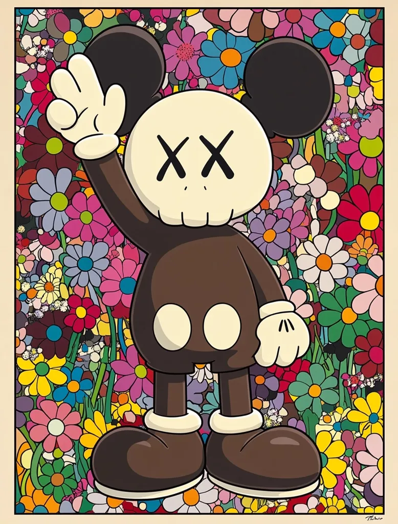 A stylized Mickey Mouse character with an X-eyes skull face stands amidst a vibrant field of colorful flowers.  The Mickey Mouse figure is brown with beige accents and is depicted with one hand raised in a wave. The background is a dense, joyful profusion of blossoms in various shapes and colors. The overall style is cartoonish and playful yet subtly unsettling due to the skull-like face.