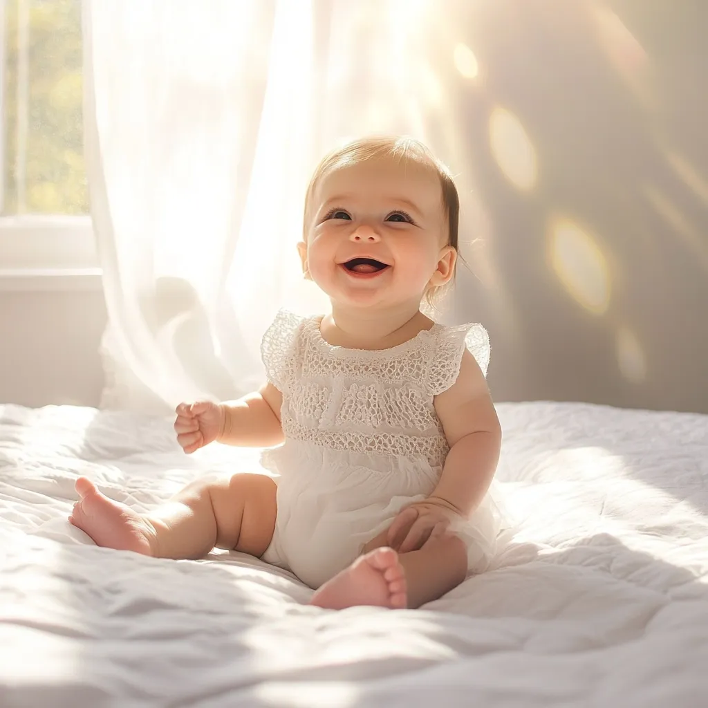 A cheerful baby, dressed in a white crocheted romper, sits on a white bed bathed in sunlight streaming through a sheer curtain.  The baby's joyful expression and the soft lighting create a warm and tender image. The scene is peaceful and evokes a sense of innocence and happiness.