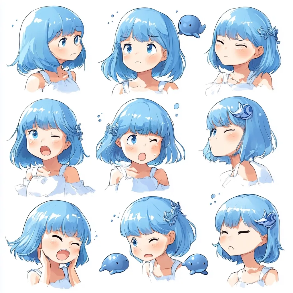 Nine illustrations depict a cute anime girl with short, light-blue hair and various expressions.  She's wearing a simple, light-colored sleeveless dress.  Some images show her surprised, sad, or winking. Small, light-blue whale-like creatures appear in a few panels, adding to the whimsical feel.  The art style is soft and charming.