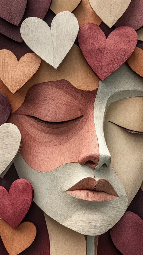 A serene face is depicted in a stylized, layered artwork.  The face is composed of various shades of wood or paper, creating a textured, almost three-dimensional effect.  Surrounding the face are numerous heart shapes in coordinating colors, suggesting love, peace, or tranquility. The overall aesthetic is calm and harmonious.