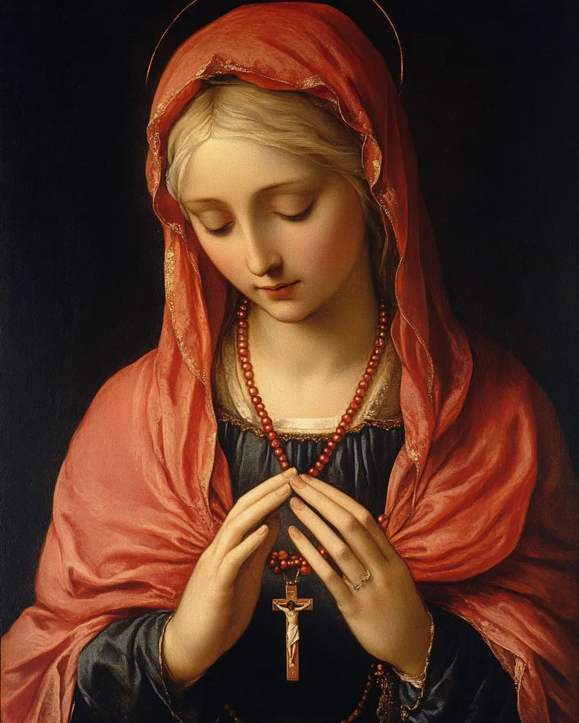 A painting of the Virgin Mary, depicted with her eyes closed in prayer.  She wears a flowing crimson shawl draped over a dark blue garment.  Her blonde hair is partially visible beneath the shawl. Her hands are clasped together in prayer, holding a rosary with a crucifix. The overall tone is serene and devout, emphasizing Mary's piety and contemplation.