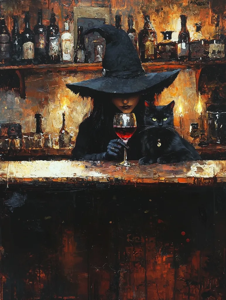 A witch, adorned in a wide-brimmed black hat and long black dress, sits at a dimly lit bar with a black cat.  She holds a glass of red wine, her gaze slightly downcast. The bar's back shelves are filled with numerous bottles, creating a warm, mysterious atmosphere. The painting's style is expressive and textural, with rich dark colors dominating the scene.