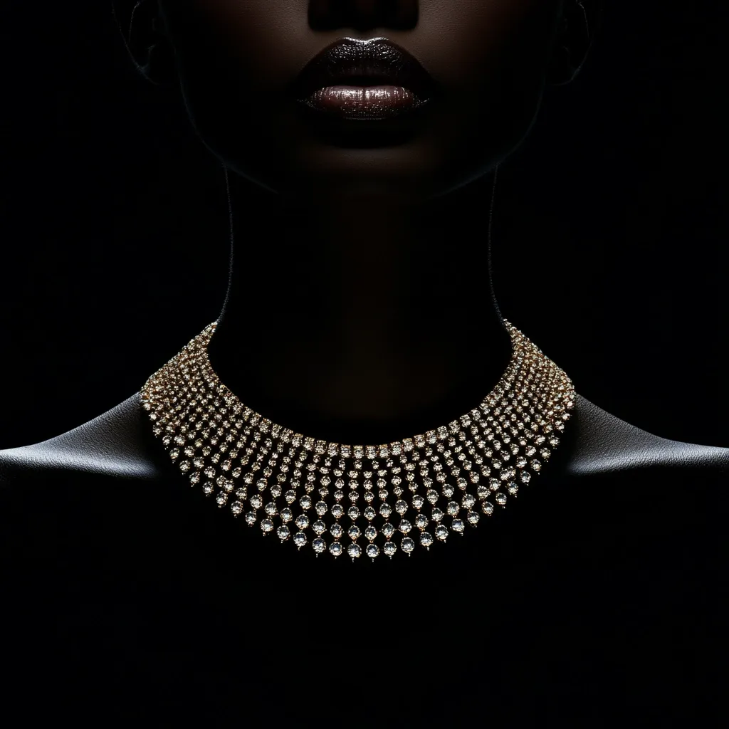 A close-up, dramatic image showcases a dark-skinned woman's neck and shoulders, adorned with a dazzling diamond choker necklace.  The stark black background accentuates the sparkle of the jewelry and the model's features, highlighting the luxurious and elegant design. The focus is on the exquisite necklace, creating a visually striking and sophisticated portrait.