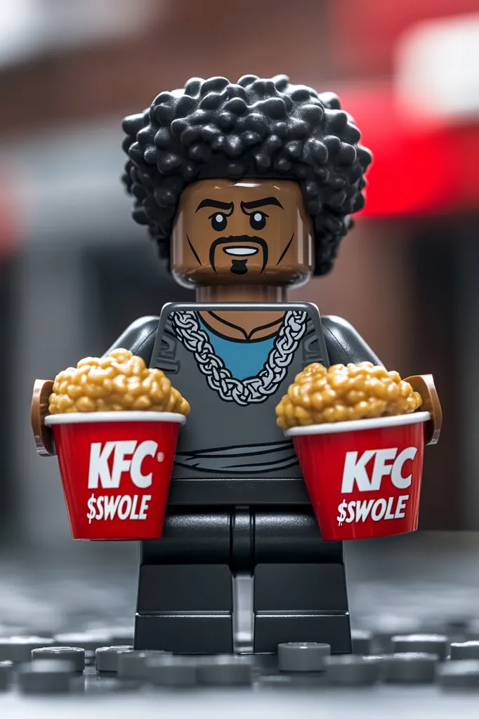 A custom LEGO minifigure, styled like a rapper, sports an afro and a chunky gold chain.  He holds two KFC "$$wole" buckets filled with chicken. The figure's dark gray clothing contrasts with the bright red KFC buckets, creating a striking visual. The background is blurred, emphasizing the minifigure.  The image is sharp and well-lit.