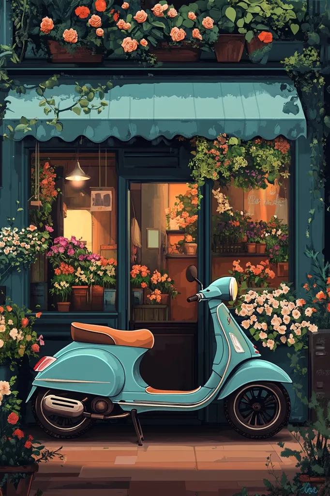 A teal Vespa scooter rests outside a charming flower shop.  The shop's facade is adorned with overflowing window boxes and hanging baskets brimming with colorful blooms.  Warm light spills from the shop's interior, revealing an array of flowers within.  The overall scene evokes a peaceful, idyllic European atmosphere.