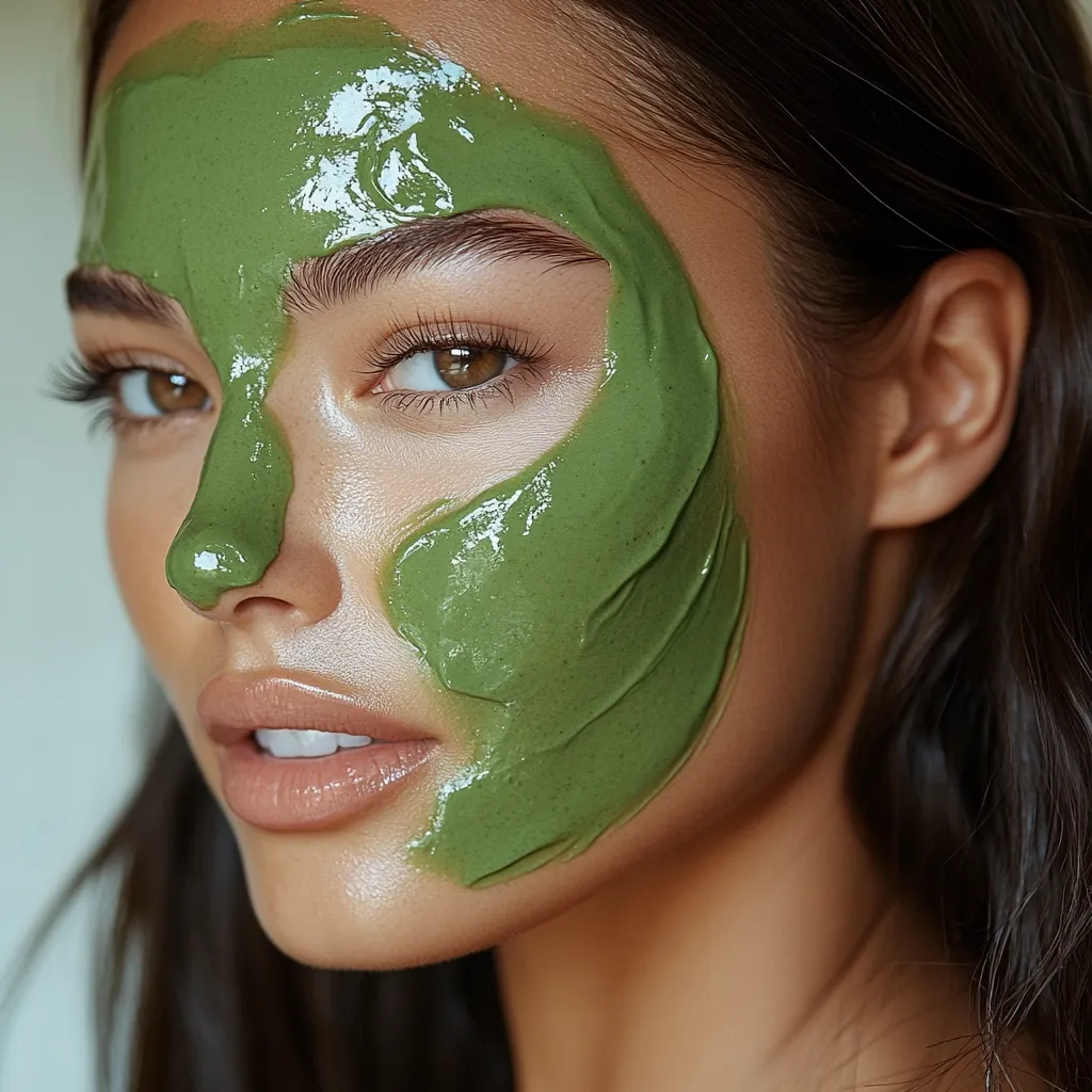 Close-up of a woman's face with a thick, green face mask applied.  The mask is glossy and covers part of her forehead, cheek, and nose.  She has dark brown hair and her eyes are visible, looking directly at the viewer. Her skin appears smooth and the overall image suggests a skincare or beauty product advertisement.