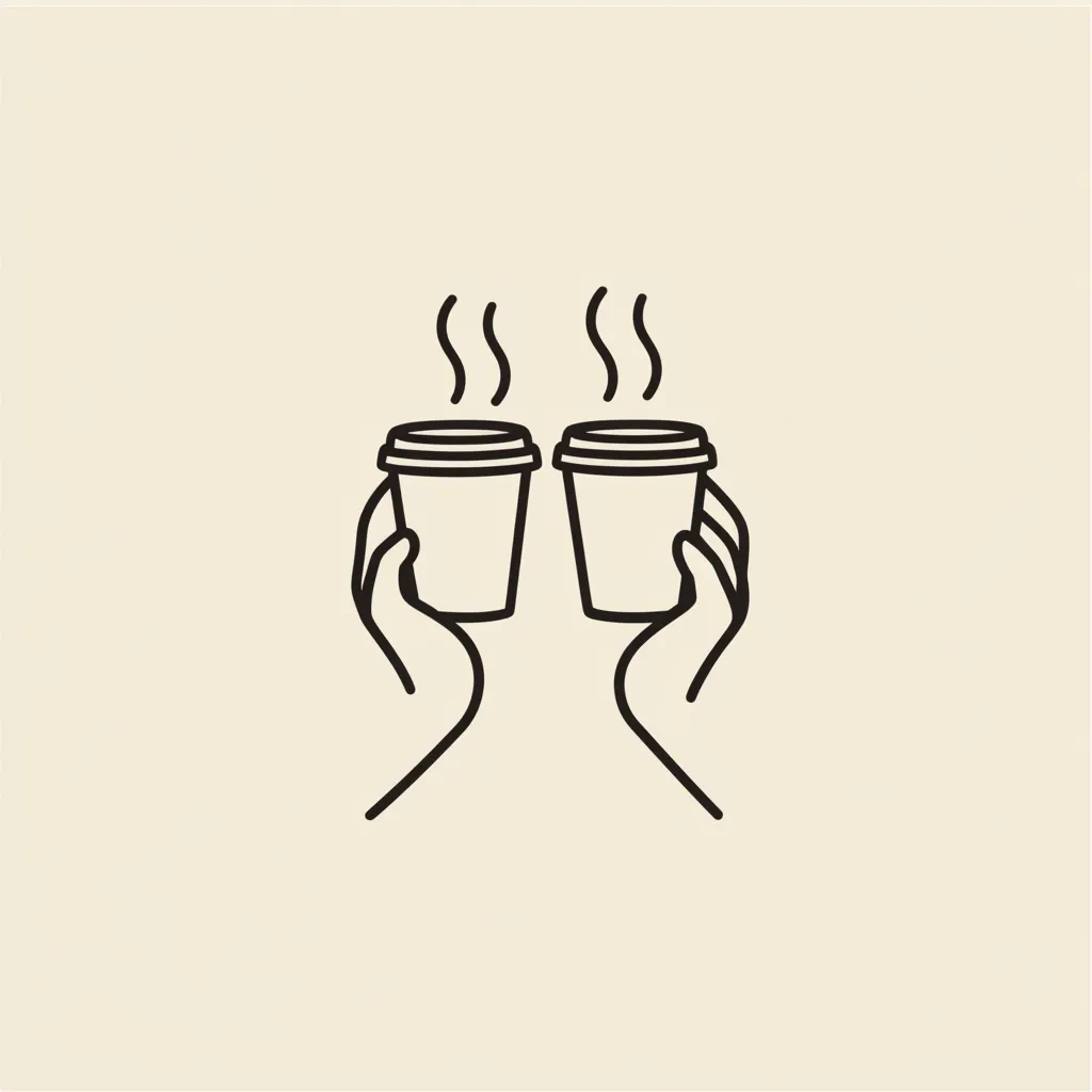 A simple line drawing shows two hands holding up two steaming cups of coffee.  The image is minimalist, using only black lines on a beige background.  It suggests sharing a warm drink, friendship, or a coffee break. The design is clean and easily understood.