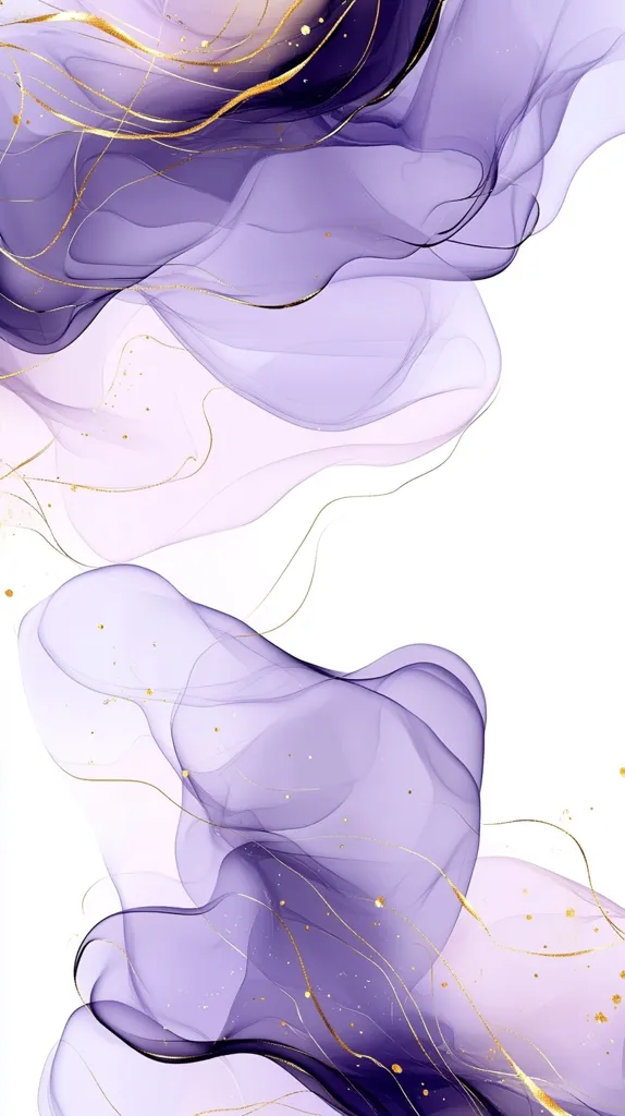 An abstract artwork featuring flowing, translucent forms in shades of purple and lavender.  Delicate gold lines weave through the shapes, adding a touch of elegance.  The overall effect is ethereal and calming, with a dreamy, watercolor-like quality.  Sparse gold flecks are scattered across the image, enhancing the luxurious feel.