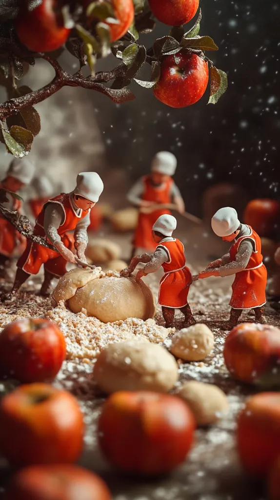 Miniature figures, dressed in medieval attire, knead a large ball of dough surrounded by apples and flour.  They work diligently under a snow-dusted apple tree, creating a whimsical scene.  The image evokes a sense of old-world charm and baking traditions, with the contrast between the tiny bakers and the abundant fruit adding to the artistic effect.  A dusting of flour completes the rustic ambiance.