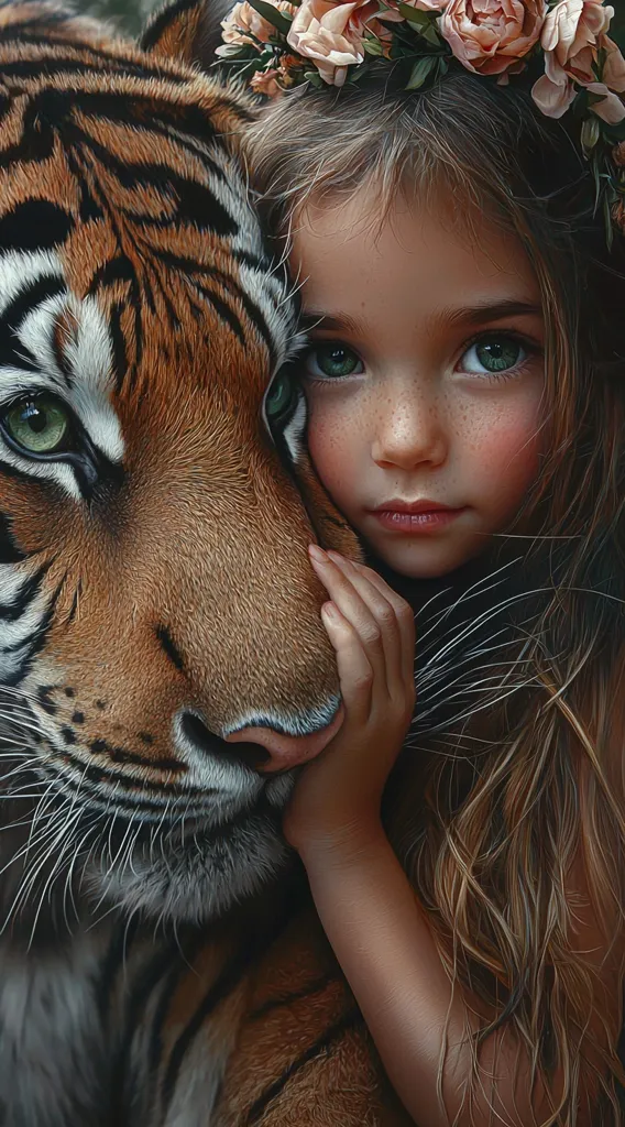 A young girl with a flower crown gently rests her cheek against a tiger's face.  The girl's eyes are wide and expressive, mirroring the tiger's intense gaze.  Their closeness suggests a bond of trust and tranquility, a peaceful moment between human and wild animal. The image is highly detailed, with realistic rendering of fur and skin textures. The overall feeling is one of serene beauty and unexpected intimacy.