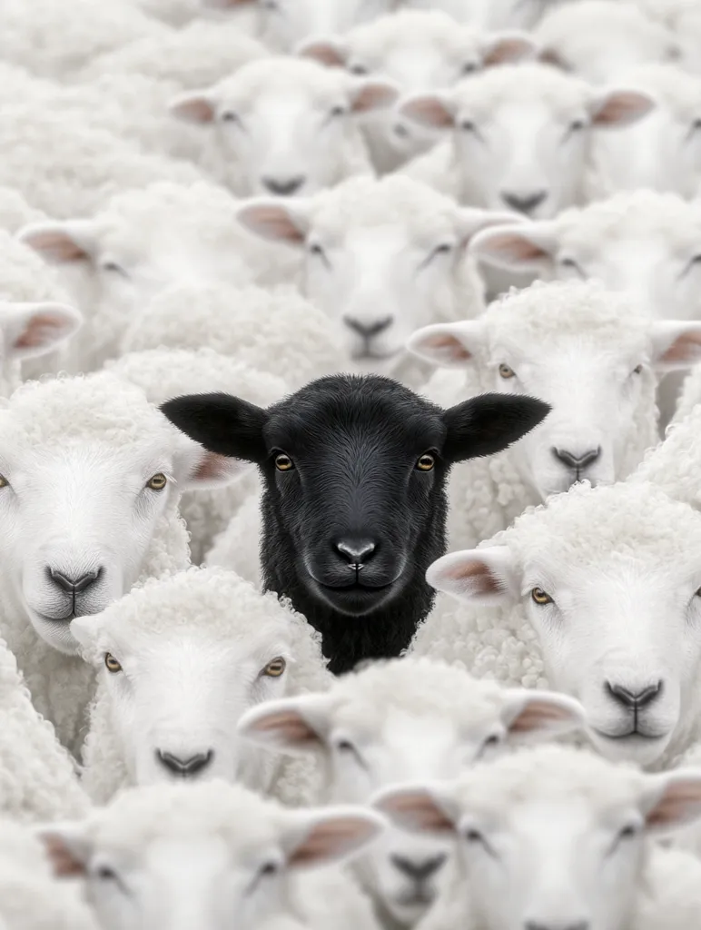 A single black sheep stands out amongst a crowd of white sheep.  The black sheep is centrally positioned, its dark wool contrasting sharply with the surrounding white fleece. The image creates a visual metaphor for individuality, standing out from the crowd, or nonconformity.  The sheep's faces are clearly visible, showcasing the uniformity of the white sheep and the distinctness of the black one.