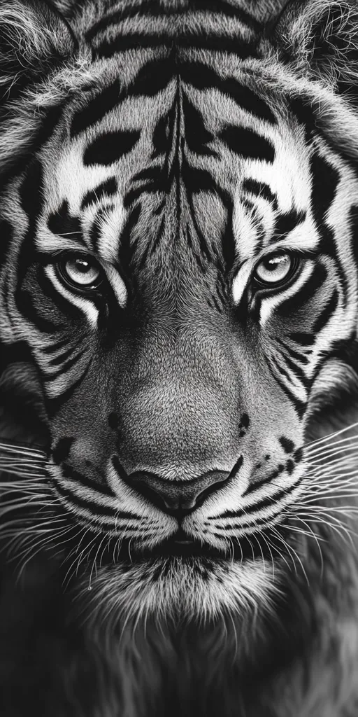 A close-up black and white photograph captures the intense gaze of a tiger.  Its striking eyes, detailed stripes, and prominent whiskers are sharply in focus. The image conveys power and wildness, emphasizing the animal's majestic presence. The contrast between light and shadow enhances the texture of its fur.