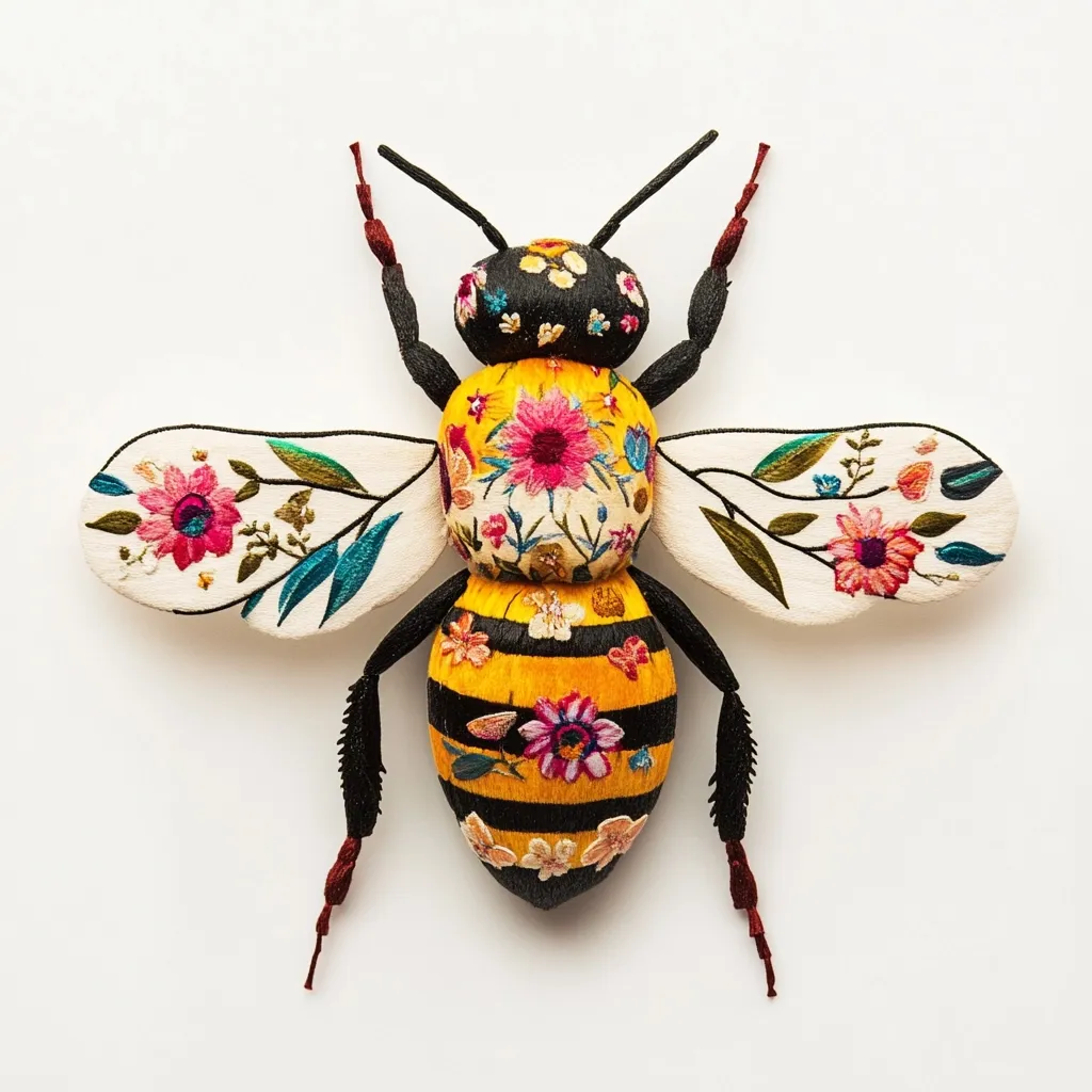A meticulously crafted embroidered bee is showcased against a stark white backdrop.  Its body is a vibrant yellow and black, adorned with a profusion of colorful floral embroidery.  The wings, also embroidered with flowers and leaves, are delicately detailed.  The overall effect is a striking piece of textile art, showcasing exceptional craftsmanship and attention to detail.
