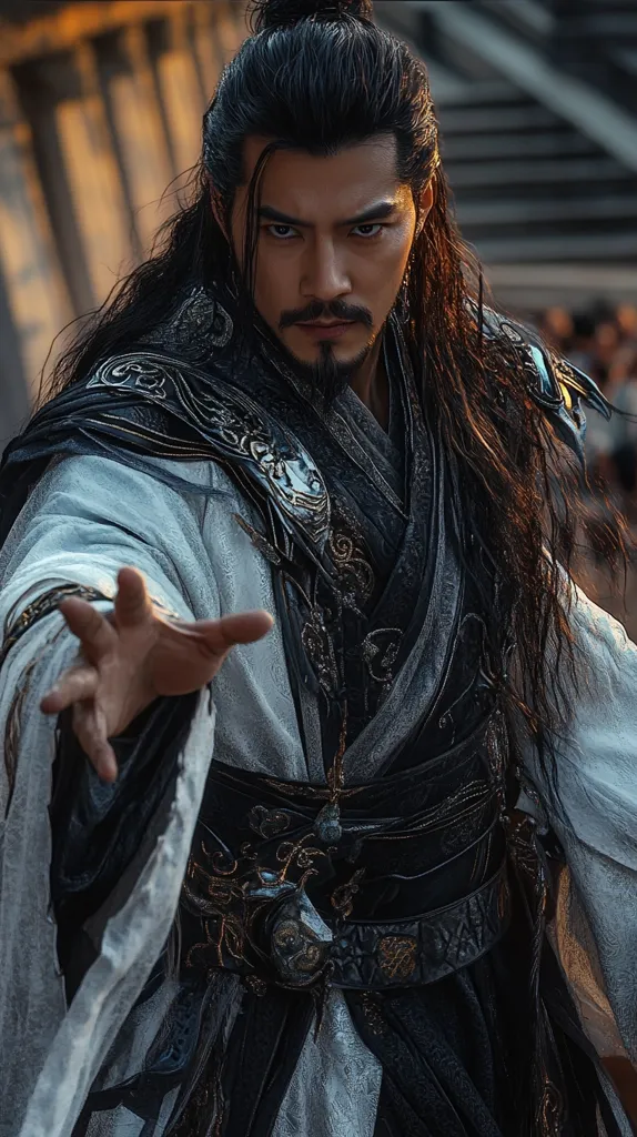A man with long black hair tied in a topknot, dons an elaborate dark and light gray costume, possibly inspired by Asian historical attire.  Intricate detailing adorns his outfit, which features a flowing robe and a dark, ornate belt. His intense gaze and outstretched hand suggest power and command, set against a blurred background hinting at an ancient or fantasy setting. The image's lighting accentuates the textures and details of his costume and face.