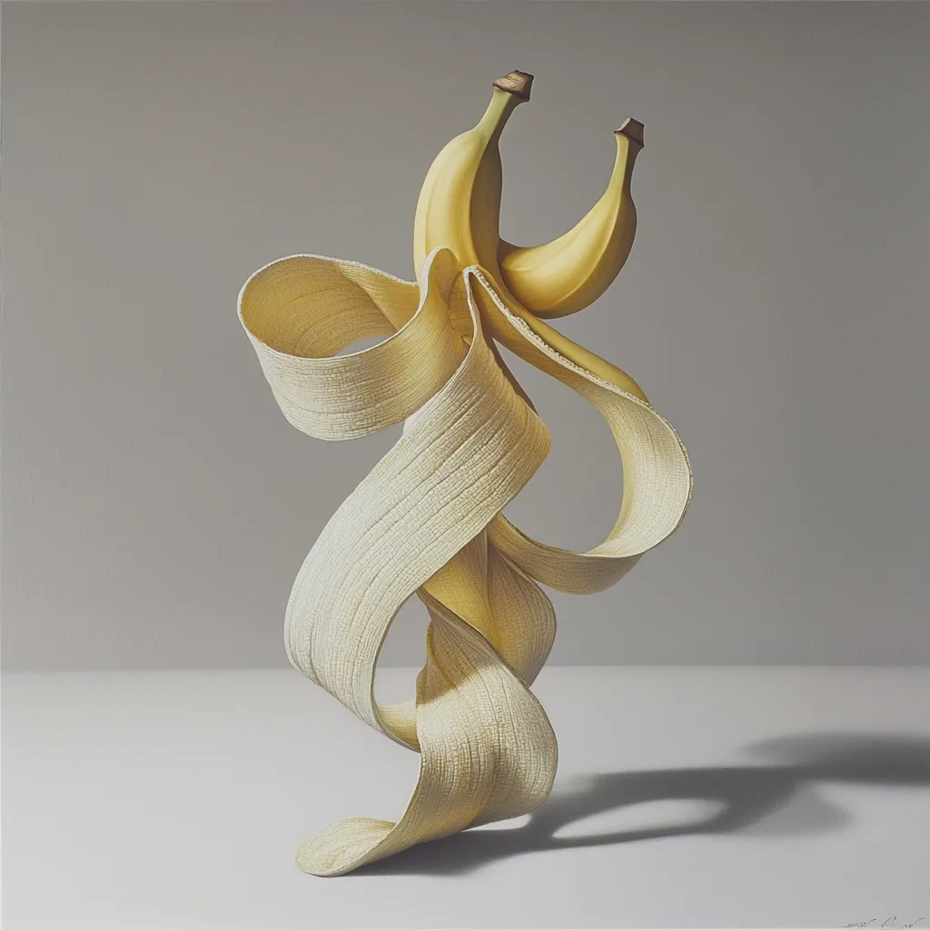A hyperrealistic painting depicts two bananas artfully peeled.  Their peels are intricately intertwined and twisted into an elegant, flowing sculpture against a muted grey background. The lighting accentuates the texture and form of the banana peels, creating a striking visual contrast between the smooth fruit and the textured peel. The overall composition is minimalist and visually captivating.