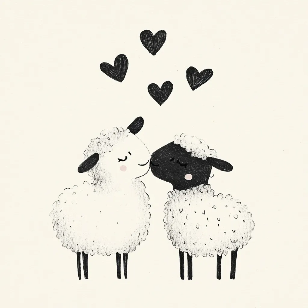 A charming illustration depicts two sheep, one white and one black, sharing a tender kiss.  Four small black hearts float above them, symbolizing love.  The sheep are drawn in a simplistic, yet endearing style with soft, textured fur.  The overall aesthetic is sweet and romantic, suitable for a children's book or Valentine's Day card.
