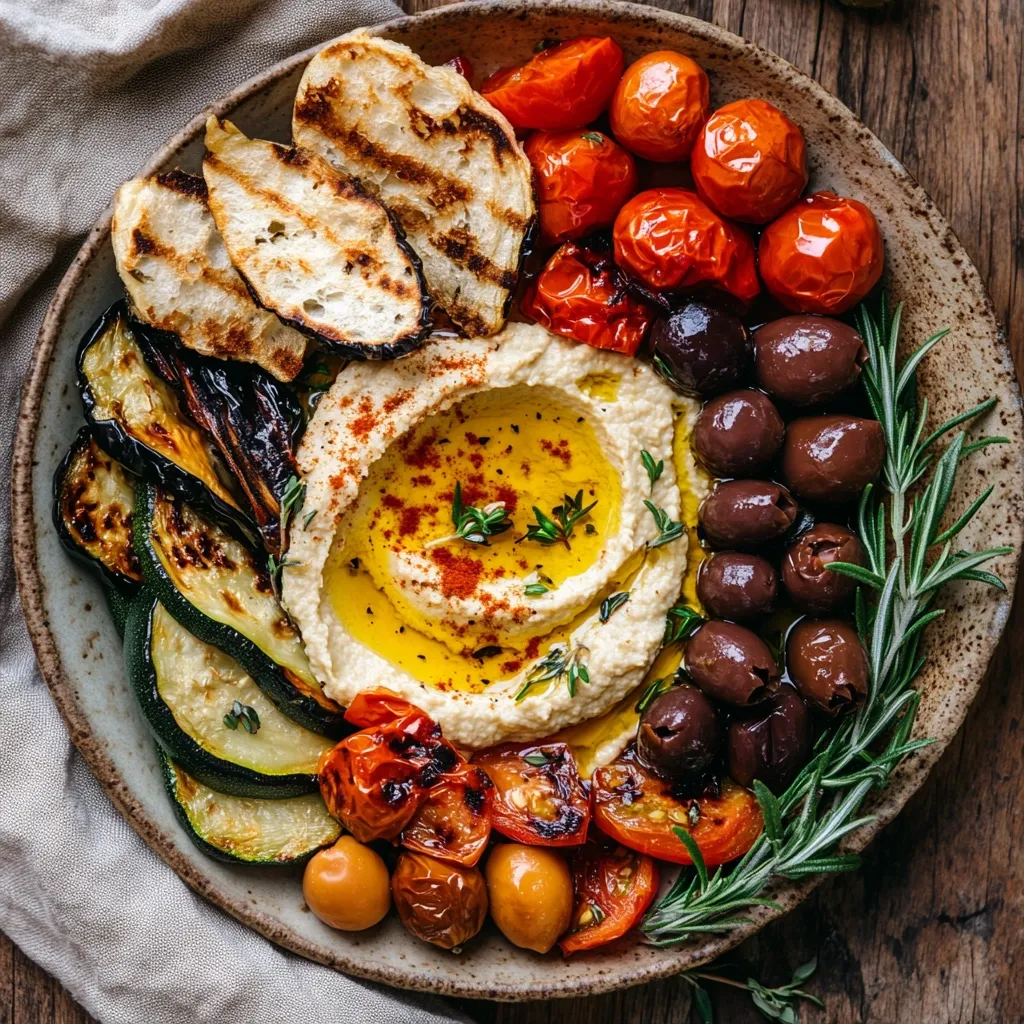 A rustic bowl features a vibrant array of Mediterranean-inspired food.  Creamy hummus is encircled by grilled zucchini, eggplant, and crusty bread. Roasted cherry tomatoes, olives, and a sprig of rosemary add pops of color and flavor.  The dish is drizzled with olive oil and sprinkled with paprika.  The overall presentation is rustic and appealing.