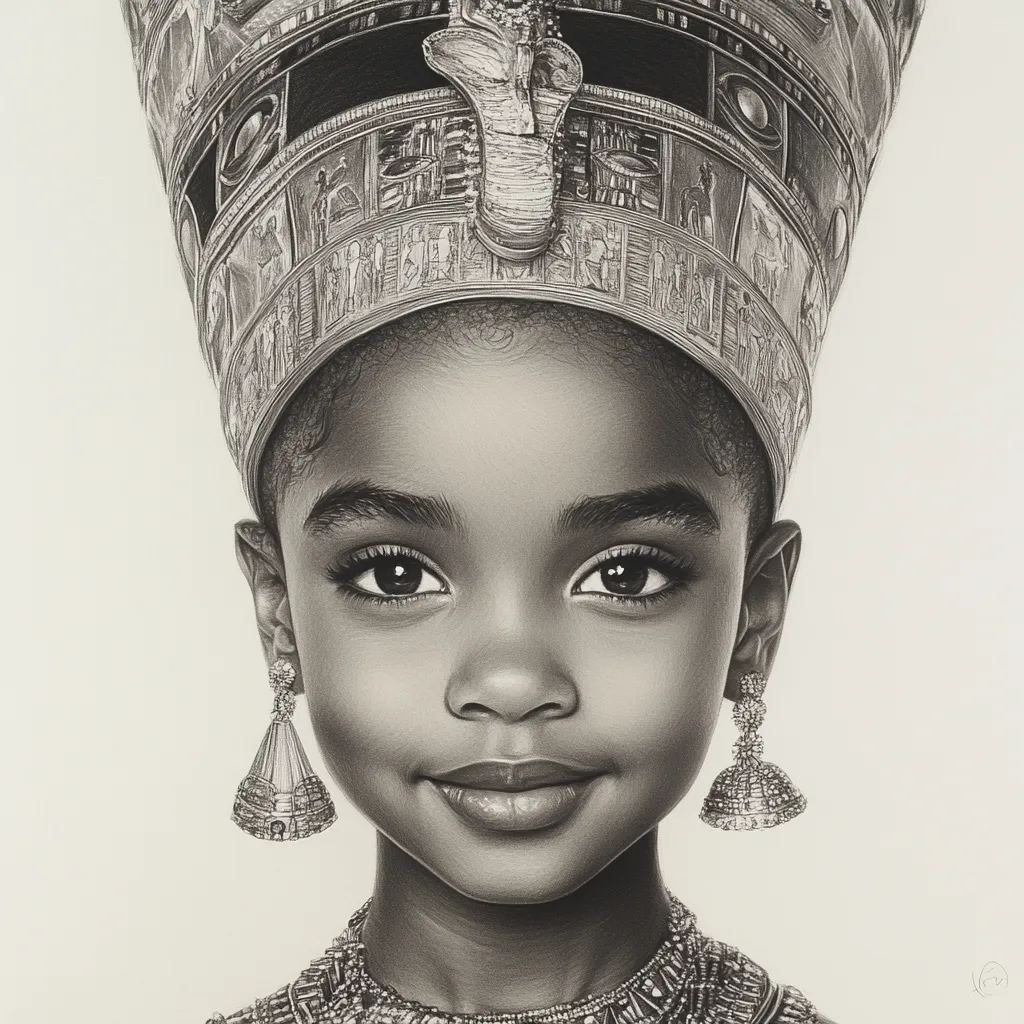 A stunning black and white pencil drawing depicts a young Black girl wearing a meticulously detailed Egyptian-style crown.  Her expression is serene and regal, her large eyes captivating.  Intricate jewelry adorns her ears and neck, complementing the ornate headpiece.  The artist's skill is evident in the shading and texture, creating a powerful image of youthful majesty.