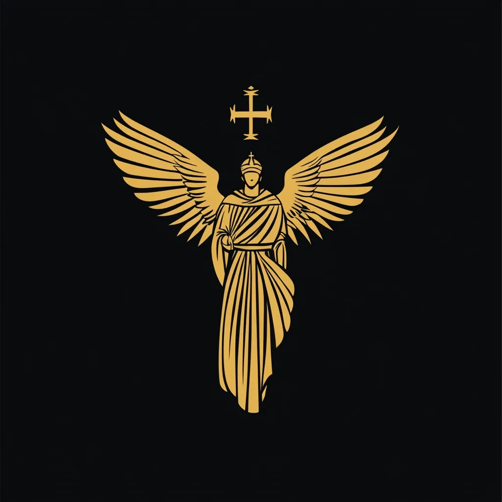 A golden angel, crowned and robed, is depicted against a black background.  Large, detailed wings extend outwards, and a cross sits above the angel's head. The style is stylized and graphic, with strong lines and a regal feel, suggesting a powerful and holy figure. The image evokes a sense of faith and divine authority.
