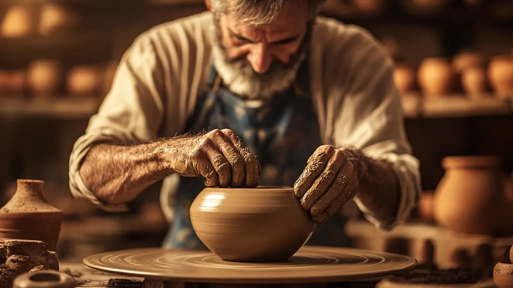 A seasoned potter, his hands stained with clay, meticulously shapes a vessel on a spinning wheel.  His focused expression and weathered hands speak to years of experience and dedication to his craft. The warm lighting of his workshop highlights the earthy tones of the clay and the surrounding pottery, creating a scene of quiet artistry and tradition.