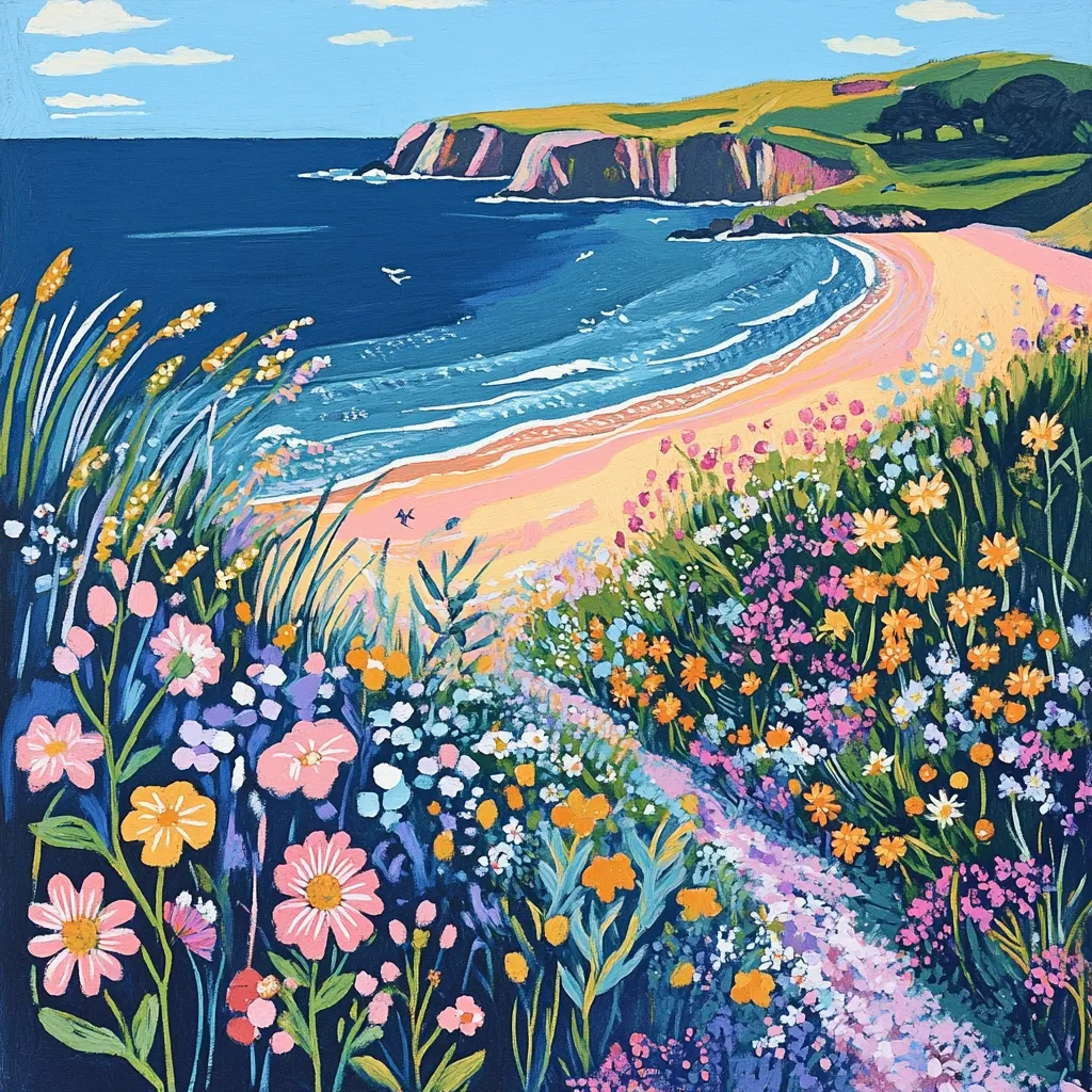A vibrant painting depicts a serene coastal scene. A sandy beach curves gently around a calm ocean, meeting a picturesque cliff face under a sunny sky.  Lush wildflowers in a profusion of colors, including pinks, oranges, and yellows, bloom abundantly in the foreground, leading the eye towards the tranquil beach and sea.  The overall mood is one of peaceful beauty and summer joy.