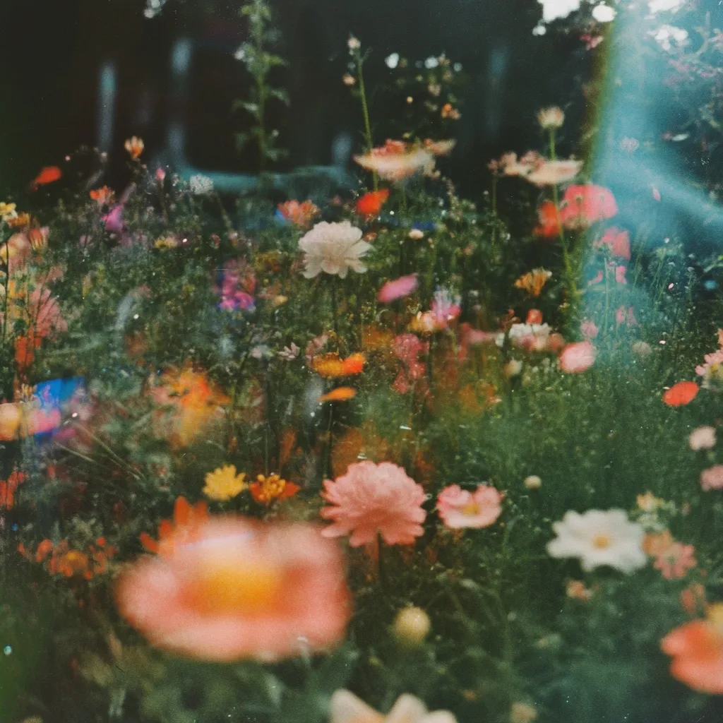 A dreamy, soft-focus image depicts a lush garden overflowing with a vibrant array of wildflowers.  Delicate pink, orange, and white blooms are interspersed with green foliage, creating a romantic and ethereal atmosphere.  Sunlight filters through the scene, adding a hazy, lens-flare effect that enhances the overall whimsical quality. The photograph evokes a feeling of peace and natural beauty.