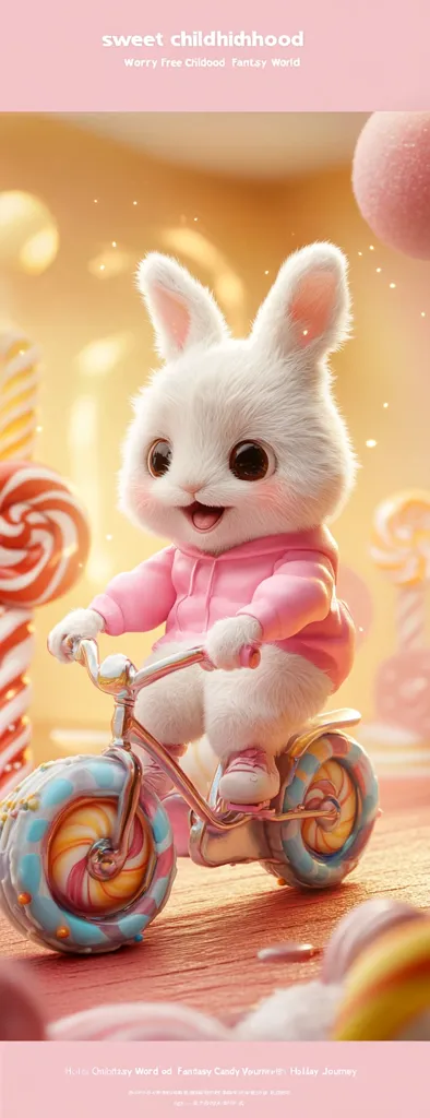 A fluffy white bunny rabbit, wearing a pink jacket, sits on a whimsical candy-themed tricycle.  The scene is set in a pastel-colored fantasy world, filled with swirling lollipops and candy-coated wheels. The bunny has large, expressive eyes and a joyful expression, embodying a carefree and sweet childhood. The overall image is charming and evokes a sense of innocent wonder.